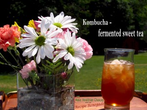 Glass of Kombucha Flowers with words Recipe Renegade